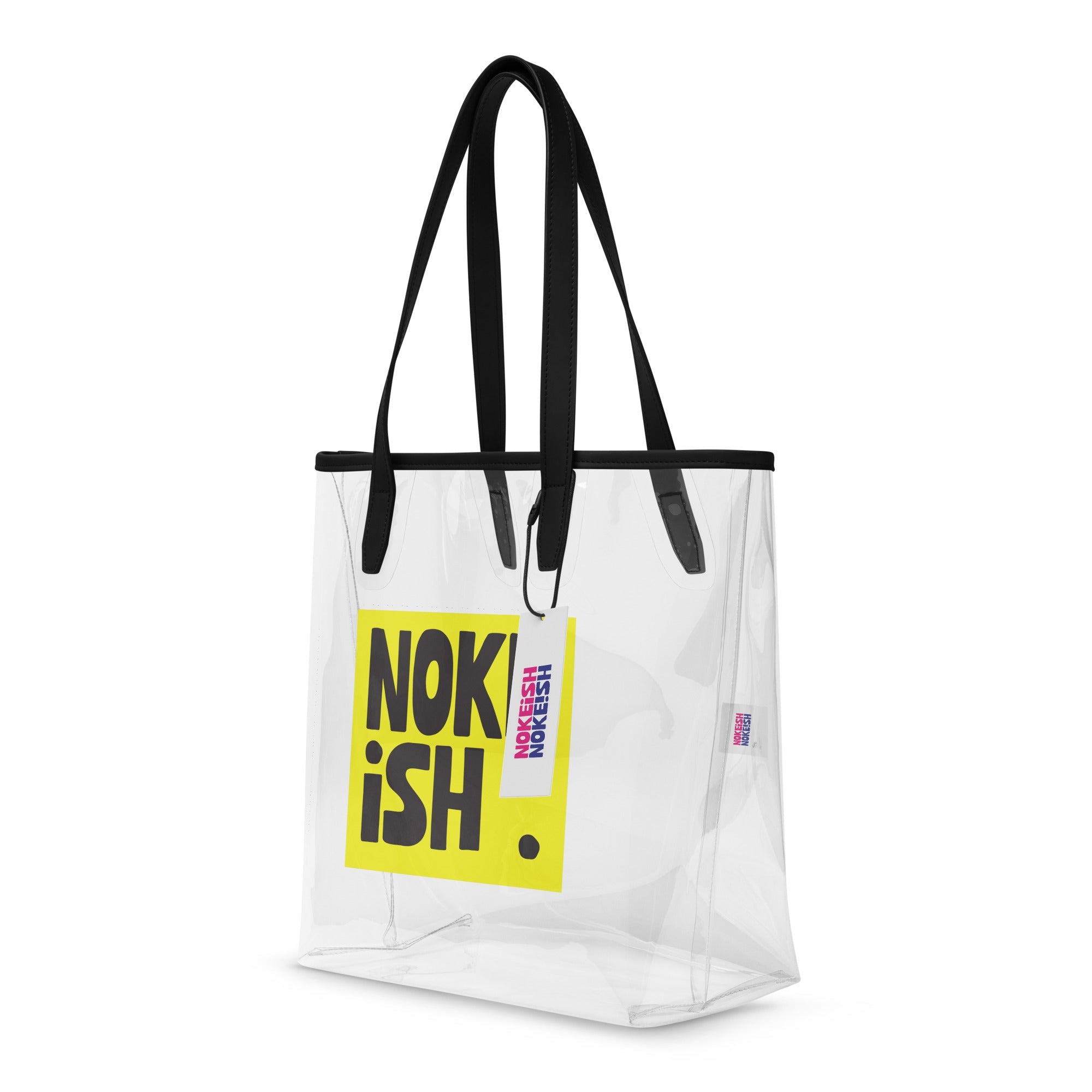 Clear tote back with a black handle and yellow square in the middle